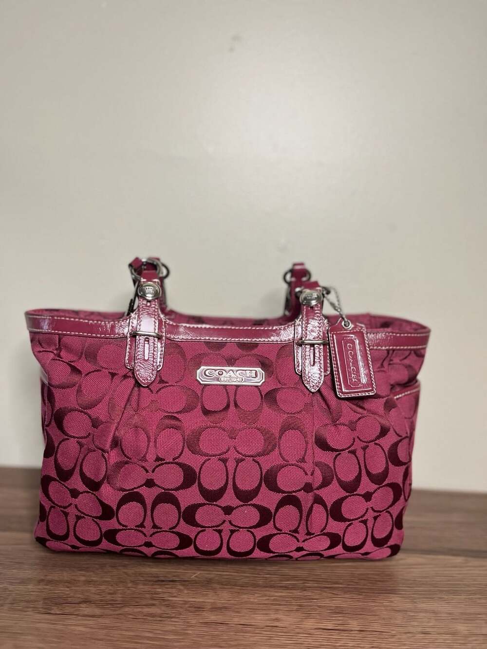 Coach Signature C Pink Magenta Jacquard Tote Bag with Patent Leather Trim